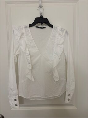 Zara White V-Neck Ruffle Front Long Sleeve Blouse